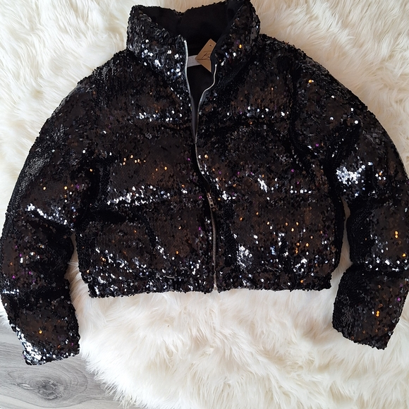 Shimmering Black Sequin Puffer Jacket - Picture 2 of 4